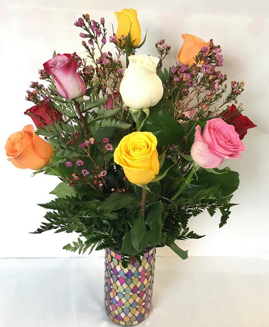 12 long stem multi-color roses, in vase - valentines day