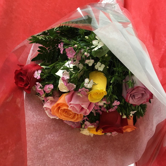 12 long stem multi-color roses, wrapped only - valentines day