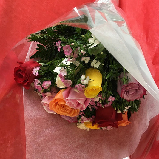 12 long stem multi-color roses, wrapped only - valentines day