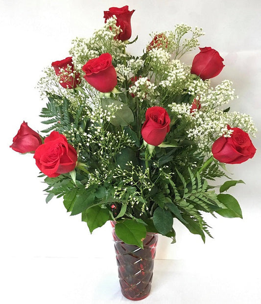 12 long stem red roses, in vase - valentines day