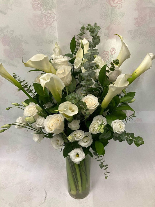 White Calla Lilys, Roses, and Lisianthus