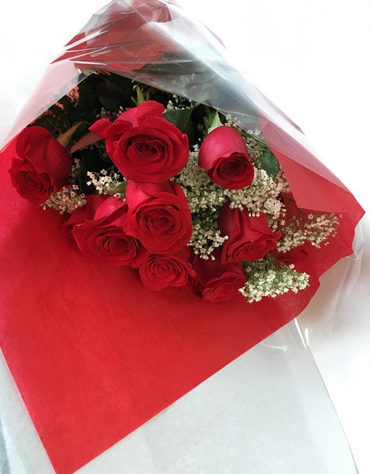 12 long stem red roses, wrapped only- Valentines Day